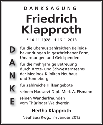 Traueranzeige von Friedrich Klapproth von Südthüringer Presse