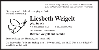 Traueranzeige von Liesbeth Weigelt von Südthüringer Presse