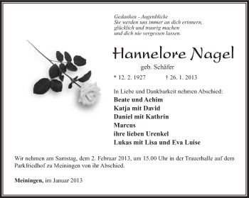 Traueranzeige von Hannelore Nagel von Südthüringer Presse