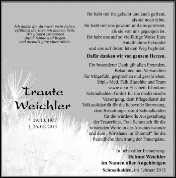 Traueranzeige von Traute Weichler von Südthüringer Presse