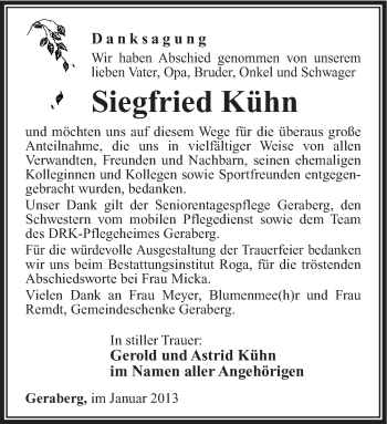 Traueranzeige von Siegfried Kühn von Südthüringer Presse