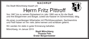 Traueranzeige von Fritz Pittroff von Frankenpost
