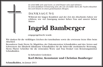 Traueranzeige von Ingrid Bamberger von Südthüringer Presse