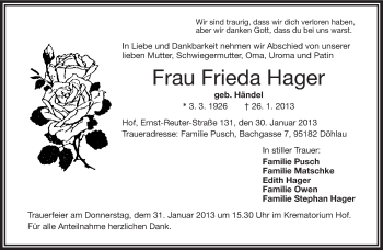 Traueranzeige von Frieda Hager von Frankenpost