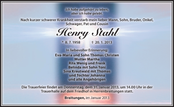 Traueranzeige von Henry Stahl von Südthüringer Presse