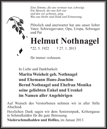 Traueranzeige von Helmut Nothnagel von Südthüringer Presse