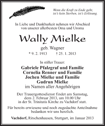 Traueranzeige von Wally Mielke von Südthüringer Presse
