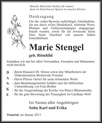 Traueranzeige von Marie Stengel von Südthüringer Presse