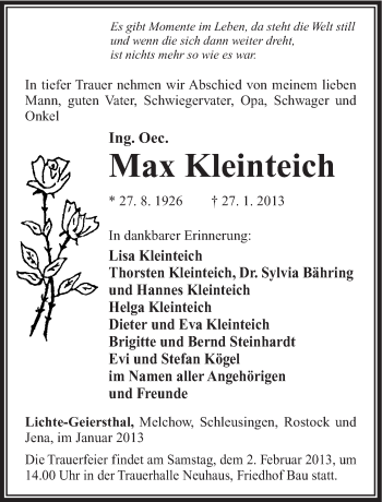 Traueranzeige von Max Kleinteich von Südthüringer Presse