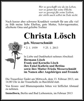 Traueranzeige von Christa Lösch von Südthüringer Presse