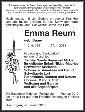 Traueranzeige von Emma Reum von Südthüringer Presse