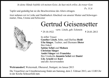 Traueranzeige von Gertrud Geisensetter von Neue Presse Coburg