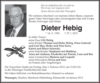 Traueranzeige von Dieter Hebig von Südthüringer Presse