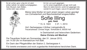Traueranzeige von Sofie Illing von Frankenpost