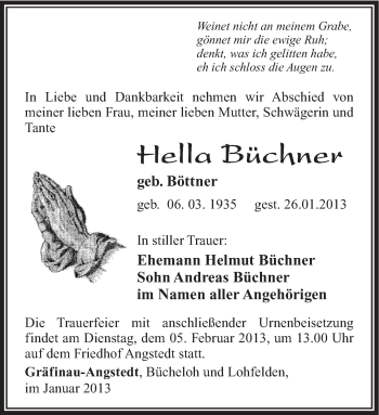 Traueranzeige von Hella Büchner von Südthüringer Presse