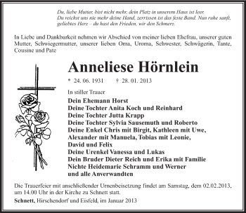 Traueranzeige von Anneliese Hörnlein von Südthüringer Presse