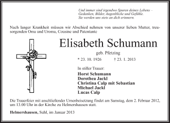 Traueranzeige von Elisabeth Schumann von Südthüringer Presse