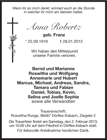 Traueranzeige von Anna Robertz von Neue Presse Coburg