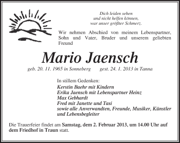Traueranzeige von Mario Jaensch von Südthüringer Presse