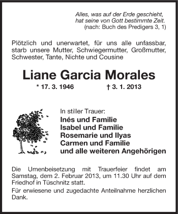 Traueranzeige von Liane Garcia Morales von Neue Presse Coburg