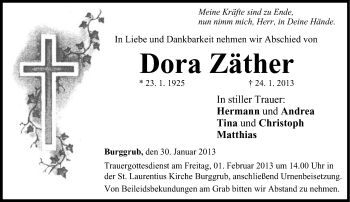 Traueranzeige von Dora Zäther von Neue Presse Coburg