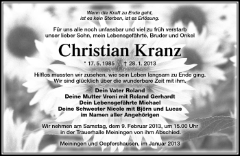 Traueranzeige von Christina Kranz von Südthüringer Presse