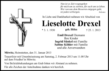 Traueranzeige von Lieselotte Drexel von Neue Presse Coburg