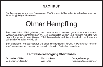 Traueranzeige von Otmar Hempfling von Neue Presse Coburg