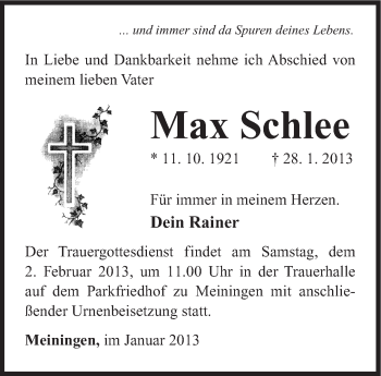 Traueranzeige von Max Schlee von Südthüringer Presse