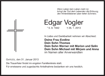 Traueranzeige von Edgar Vogler von Neue Presse Coburg