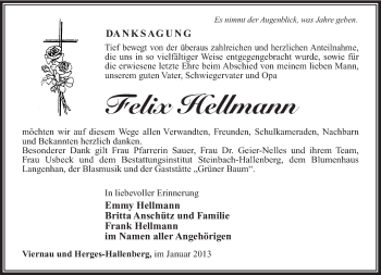 Traueranzeige von Felix Hellmann von Südthüringer Presse
