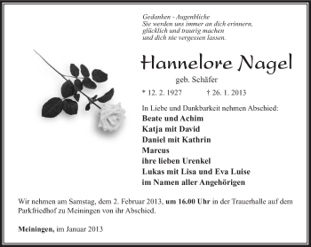 Traueranzeige von Hannelore Nagel von Südthüringer Presse