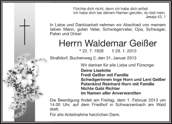 Traueranzeige von Waldemar Geißer von Frankenpost
