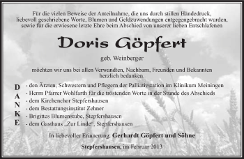 Traueranzeige von Doris Göpfert von Südthüringer Presse