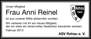 Traueranzeige von Anni Reinel von Frankenpost