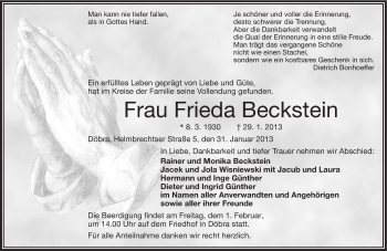 Traueranzeige von Frieda Beckstein von Frankenpost