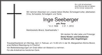 Traueranzeige von Inge Seeberger von Frankenpost