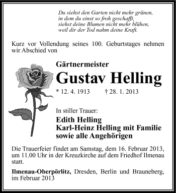 Traueranzeige von Gustav Helling von Südthüringer Presse