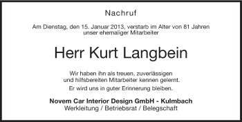 Traueranzeige von Kurt Langbein von Neue Presse Coburg