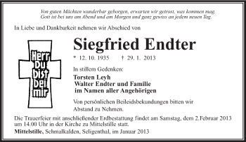Traueranzeige von Siegfried Endter von Südthüringer Presse