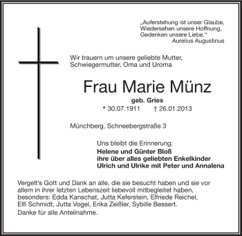 Traueranzeige von Marie Münz von Frankenpost