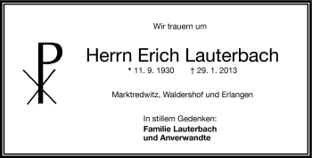 Traueranzeige von Erich Lauterbach von Frankenpost