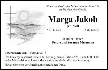 Traueranzeige von Marga Jakob von Neue Presse Coburg