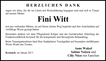 Traueranzeige von Fini Witt von Neue Presse Coburg