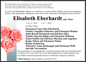 Traueranzeige von Elisabeth Eberhardt von Südthüringer Presse
