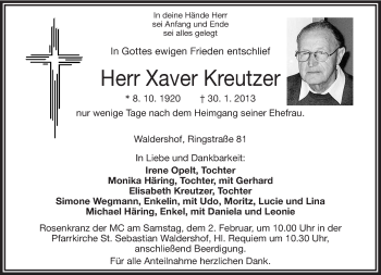 Traueranzeige von Xaver Kreutzer von Frankenpost