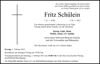 Traueranzeige von Fritz Schülein von Neue Presse Coburg
