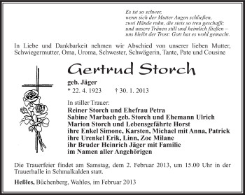 Traueranzeige von Gertrud Storch von Südthüringer Presse