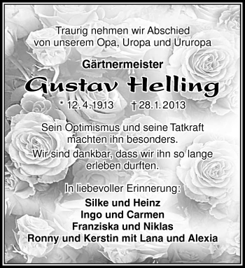 Traueranzeige von Gustav Helling von Südthüringer Presse