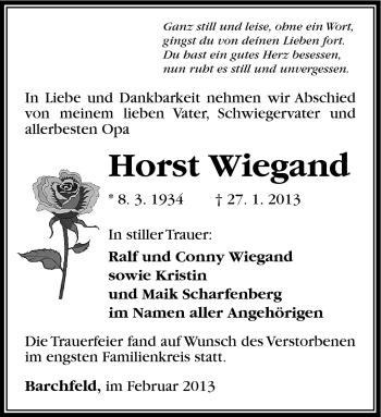 Traueranzeige von Horst Wiegand von Südthüringer Presse